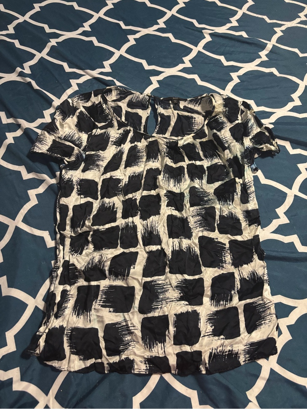 Boss Black and White Brushstroke Square Print Short Sleeve Blouse